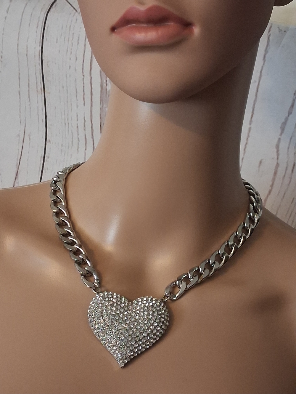 Sparkling Pavé Heart Pendant Chunky Chain Necklace - Silvertone